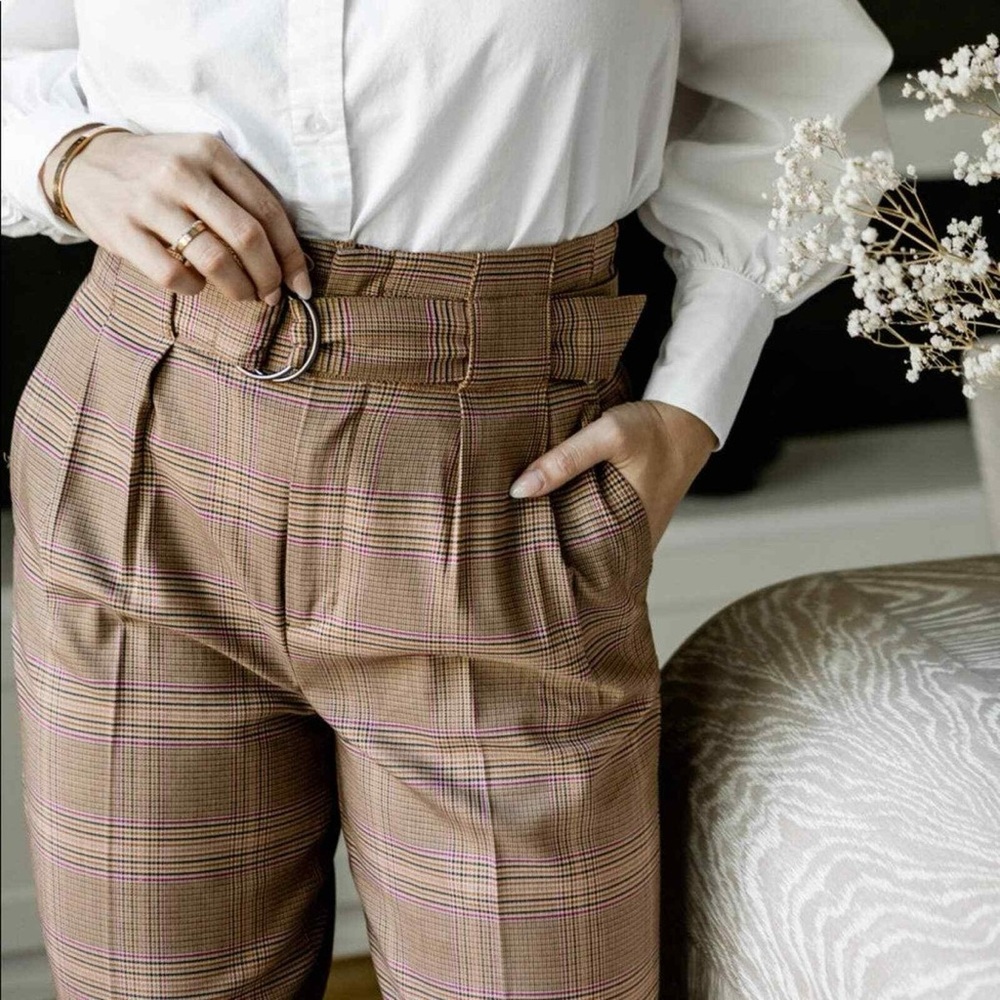 Banana Republic Houndstooth Plaid Paperbag Trousers Belted Pleated 90’s